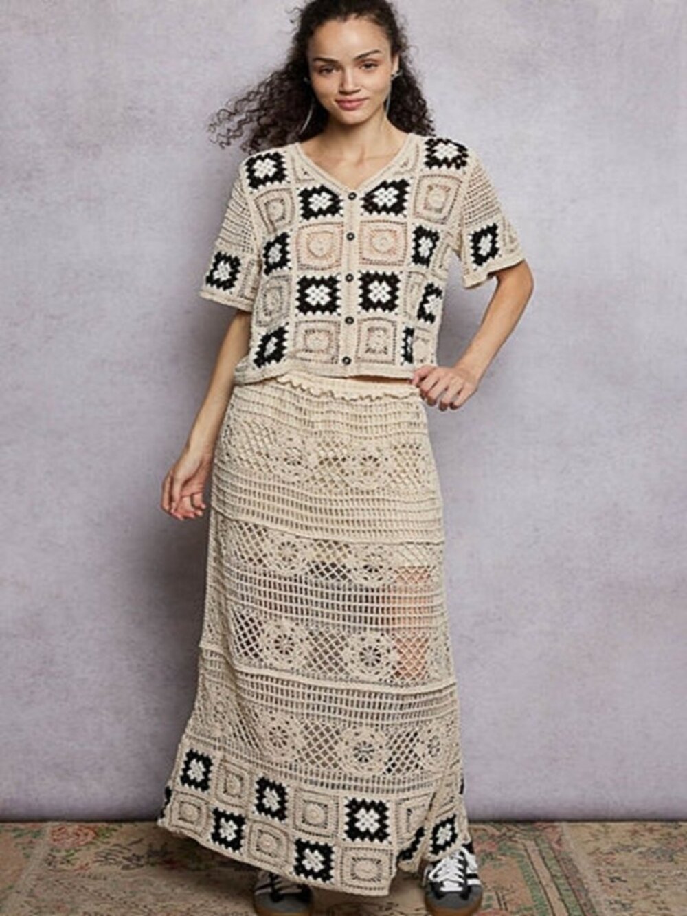 Floral Crochet Ruffled Waistband Maxi Skirt with Granny Square Weave